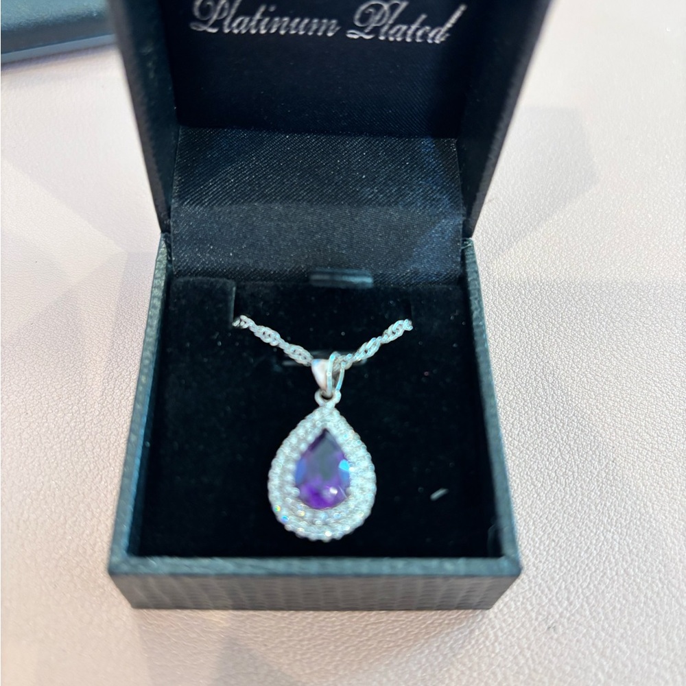 Platinum Plated Purple Teardrop Necklace